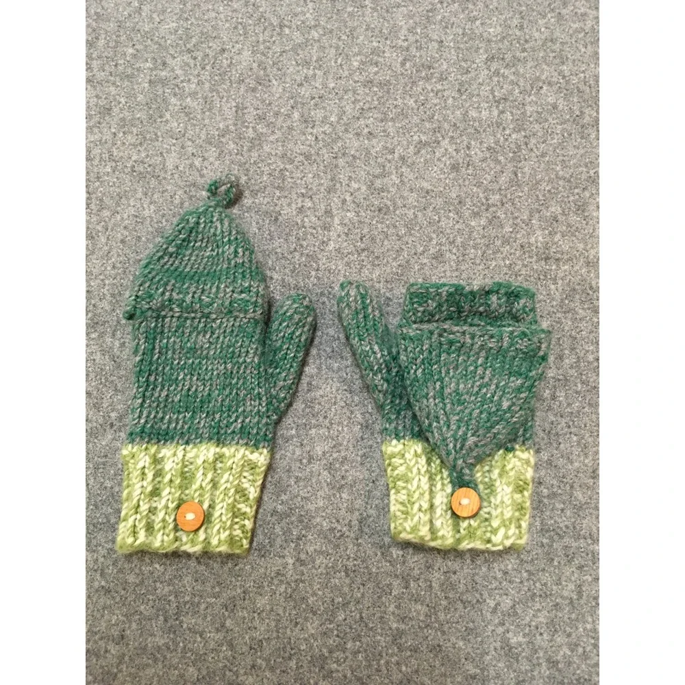 Homemade Convertible Mittens Kids 4-8 Years Green 100% Wool Flip Top Gloves